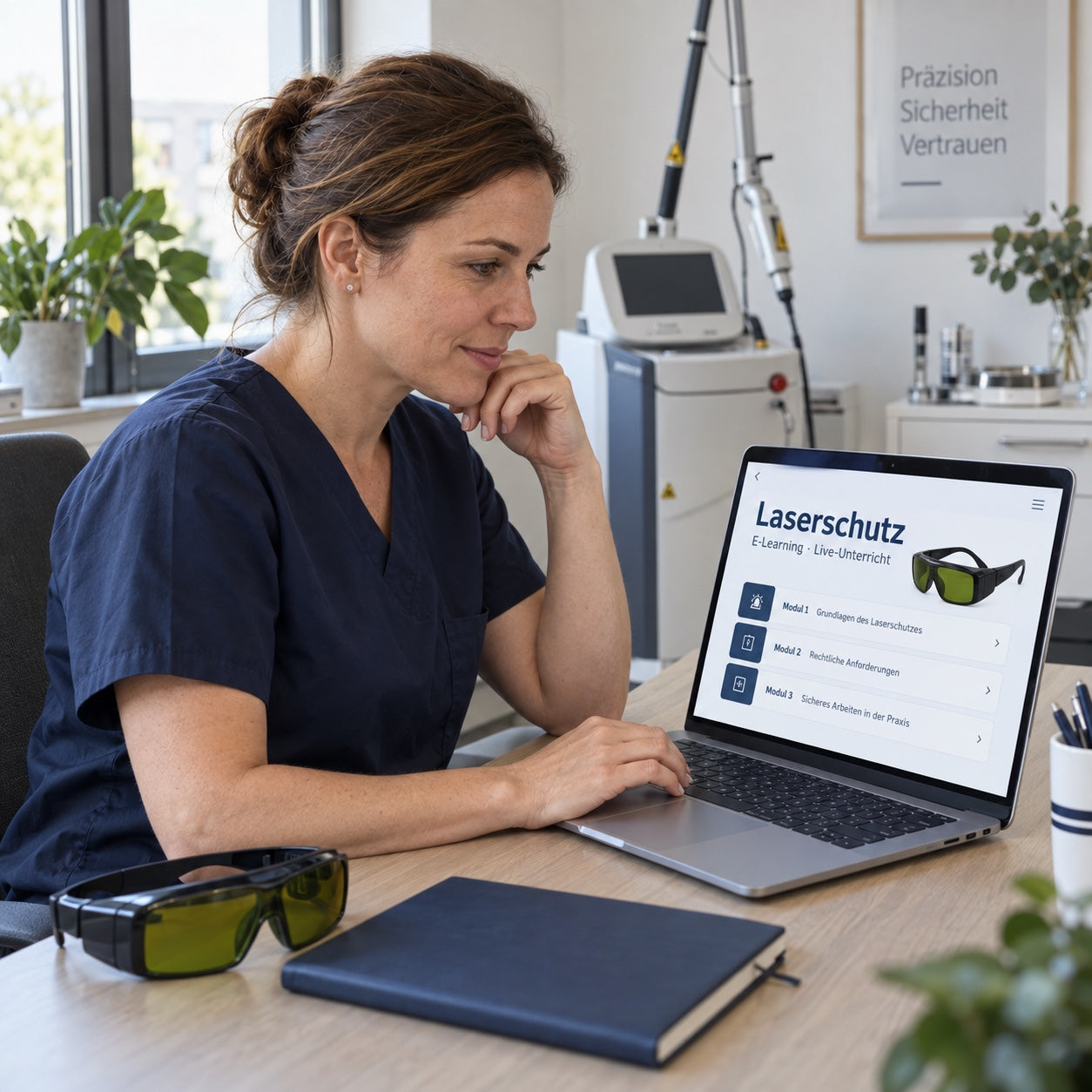 Illustration einer Fachkraft beim Laserschutz-Lernen am Laptop in einer Praxis